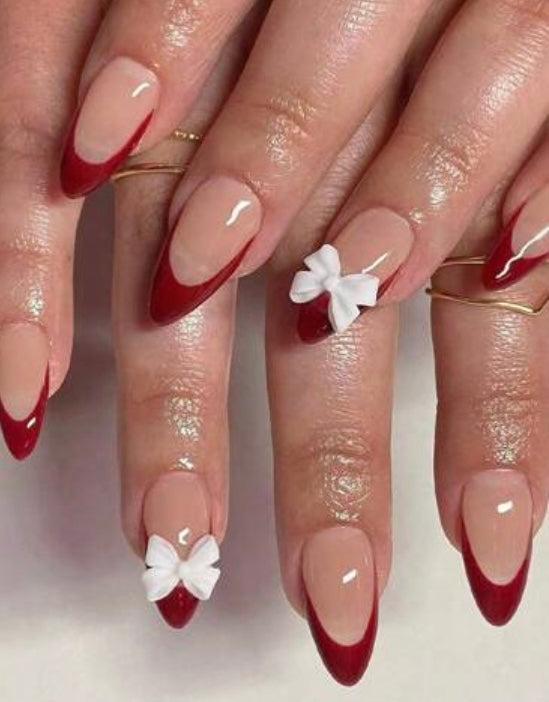 Long Designed Red French Nail Set