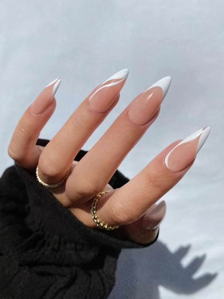 Designed French White Long Nail Set