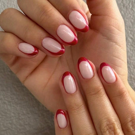 Designed Medium Red French Nail Set