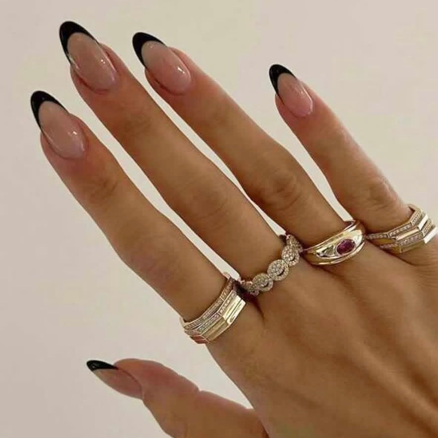 Long Designed French Black Nail Set
