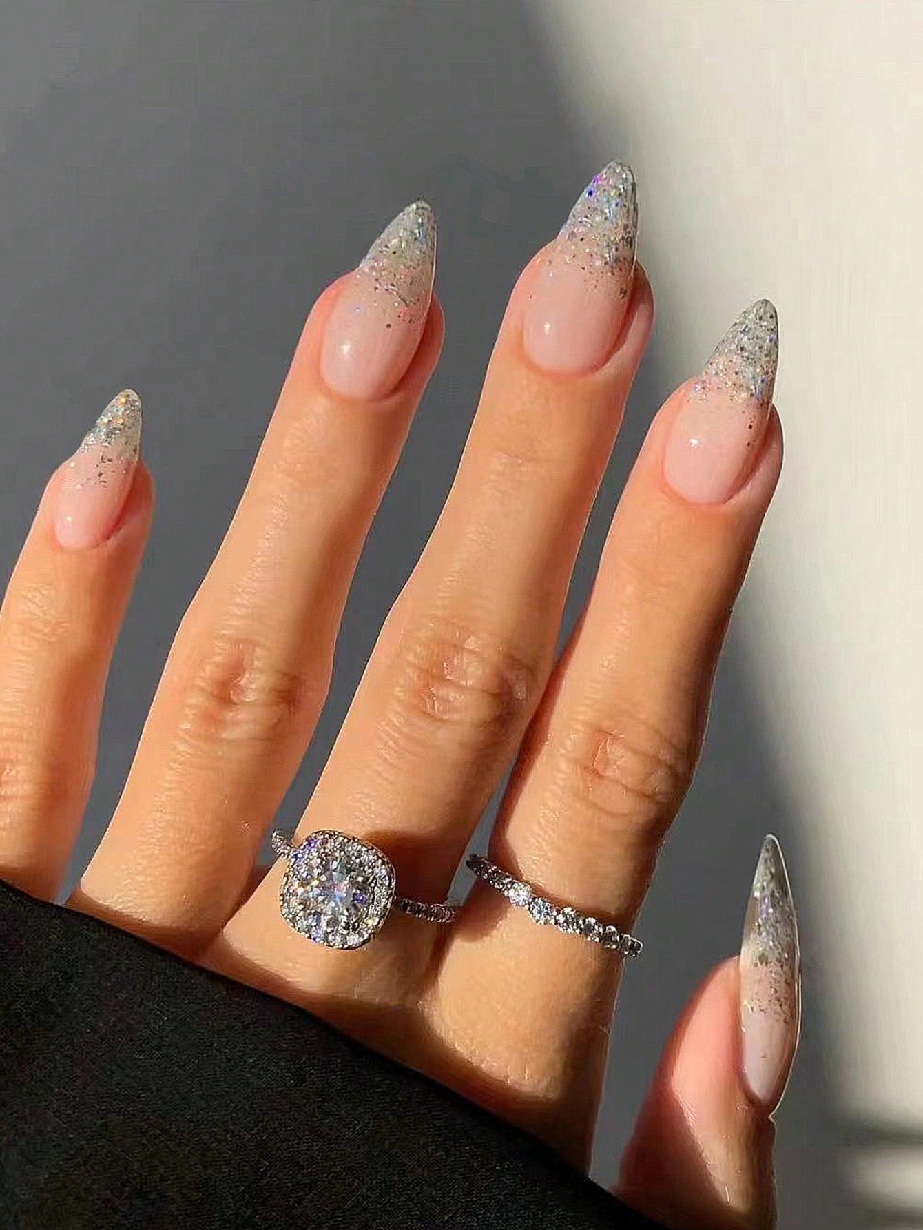 Designed Long Silver French Nail Set