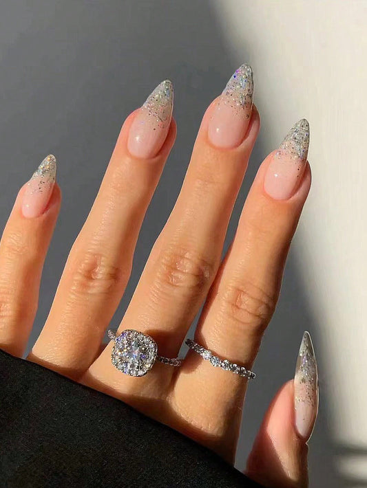 Designed Long Silver French Nail Set